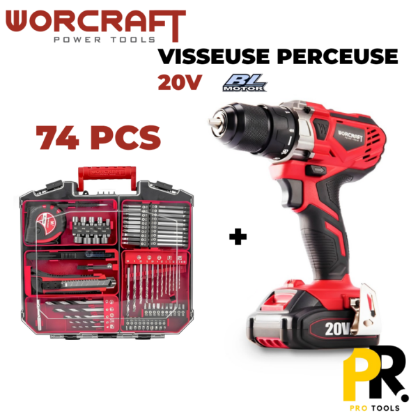 CAISSE A OUTILS 74PCS AVEC VISSEUSE PERCEUSE 20V BRUSHLESS WORCRAFT علبة أدوات مع مفك براغي