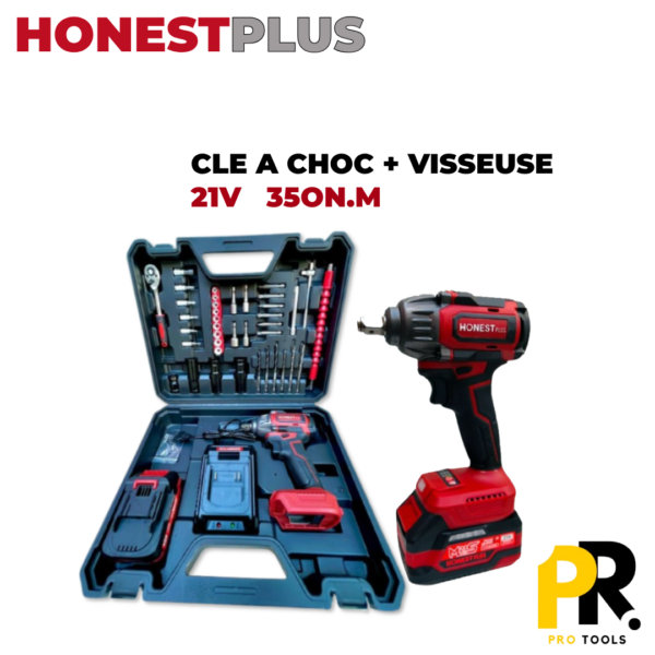 BOULONNEUSE CLE A CHOC + VISSEUSE + PERCEUSE BATTERIE 21V BRUSHLESS 350N.M HONESTPLUS | YAE6137 آلة فك البراغي ببطارية