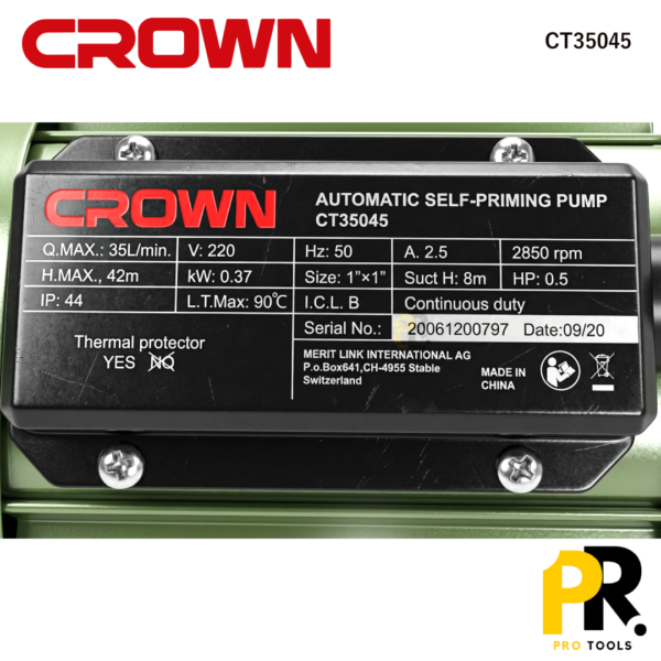 POMPE A EAU AVEC CERVEAU SUPPRESSEUR 370W 35L/MIN CROWN | CT35045 مضخة مياه
