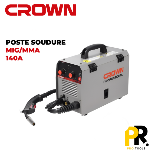 POSTESOUDURECROWNMMAMIG140A.png POSTE A SOUDER ONDULEUR MIG/MMA 140A 1KG MIG-220H CROWN | CT33168-1 جهاز التلحيم بالسلك والقضبان