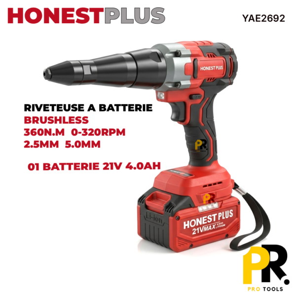RIVETEUSEBATTERIE21V4.0AH360N.MBRUSHLESSHONESTPLUS_YAE26921PROTOOLS.png RIVETEUSE BATTERIE 21V 4.0AH 360N.M BRUSHLESS HONESTPLUS | YAE2692 مسدس برشام لاسلكي