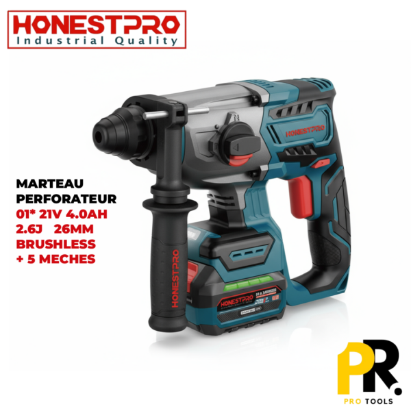 MARTEAU PERFORATEUR A BATTERIE 21V 4.0AH 2.6J 26MM BRUSHLESS HONESTPRO | YAE6165 مطرقة ثقب وحفر لاسلكية